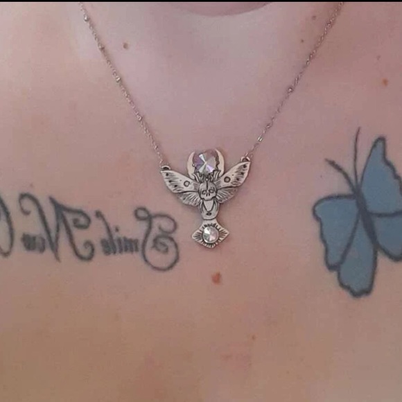 New Stainless Steel Butterfly Skull Rainbow Gemstone Pendant Necklace - Picture 8 of 10